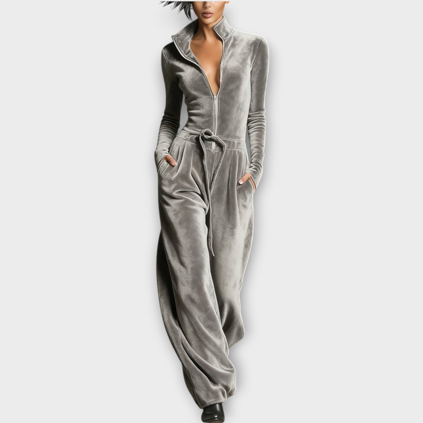 Velour Zip-Up Lounge Jumpsuit