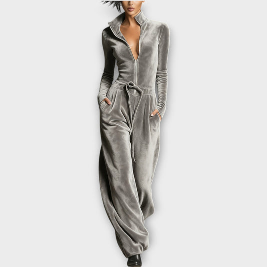 Velour Zip-Up Lounge Jumpsuit