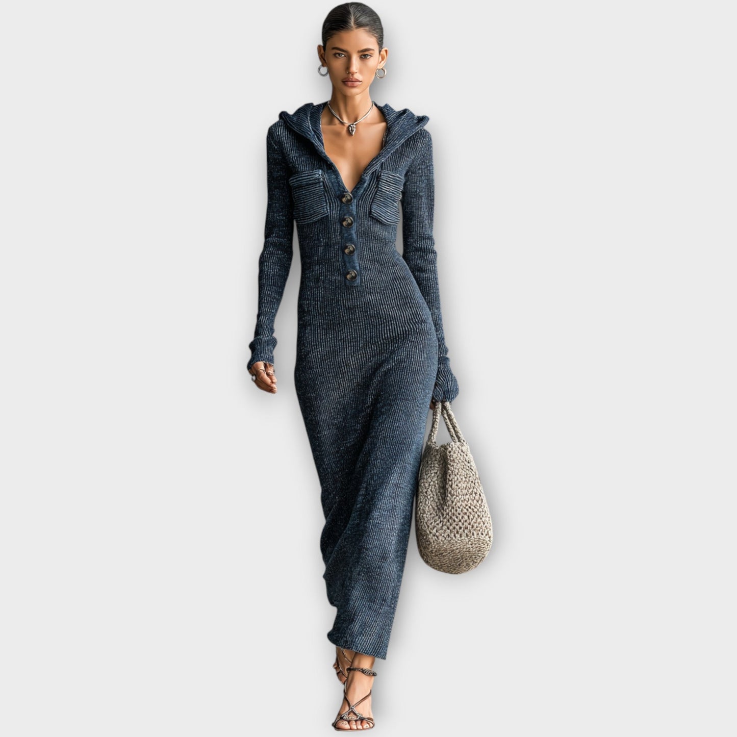 Buttoned Hooded Ribbed Maxi Dress