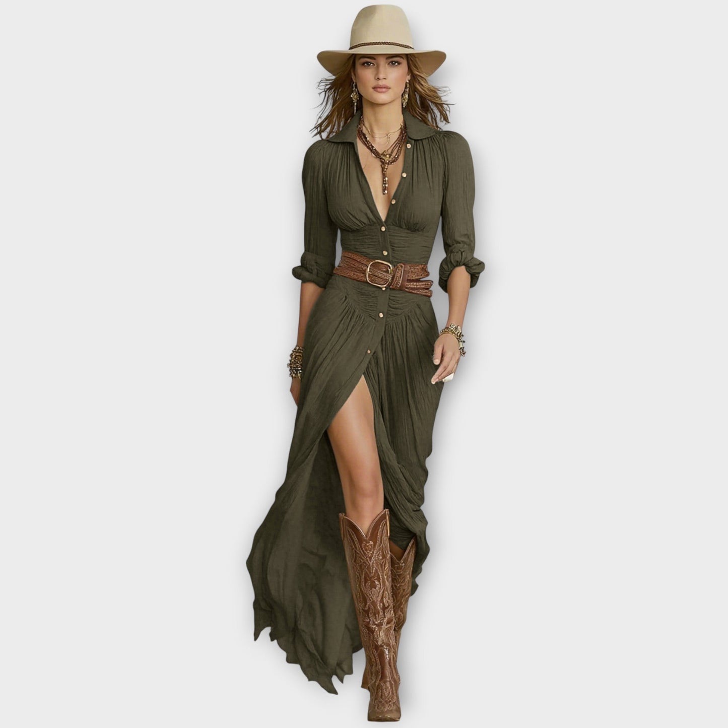 Western Elegance Button-Down Maxi Dress