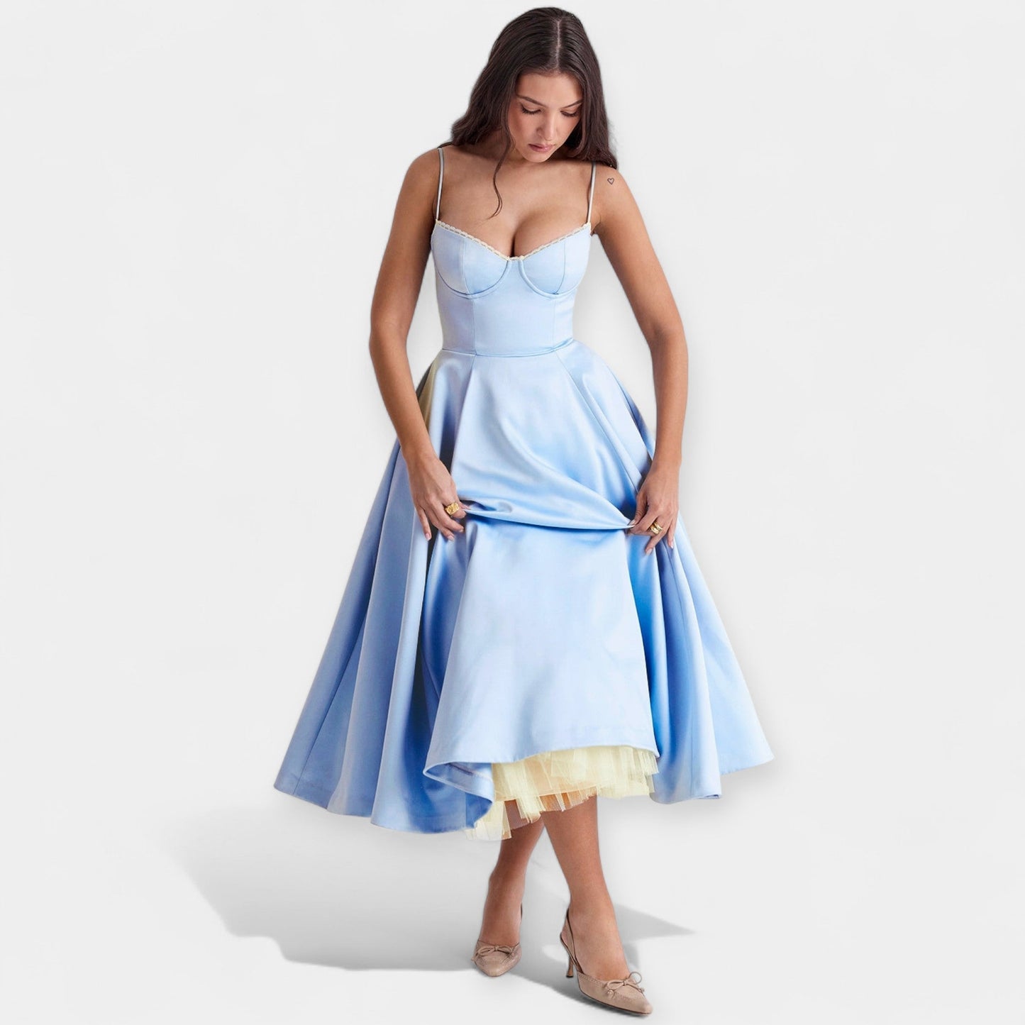 Midi Dress with Tulle Sheer Details