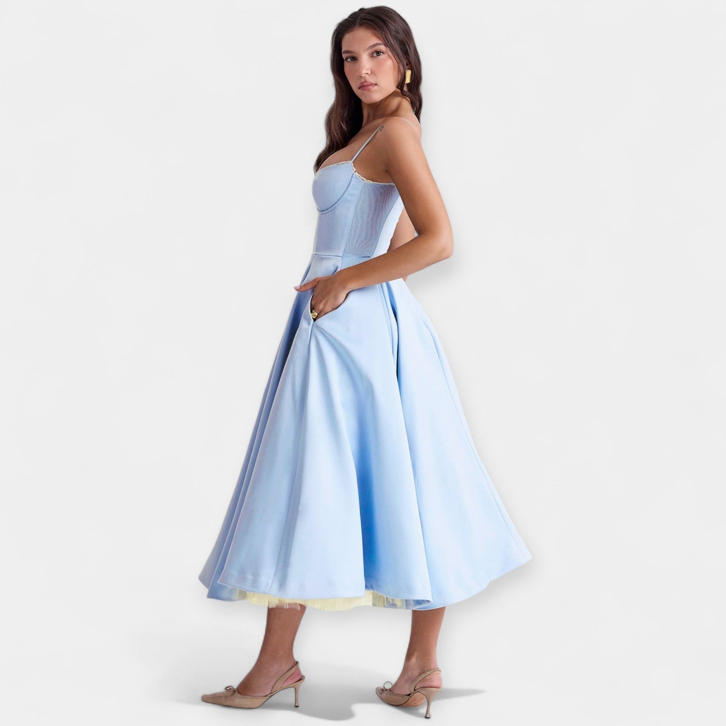 Midi Dress with Tulle Sheer Details