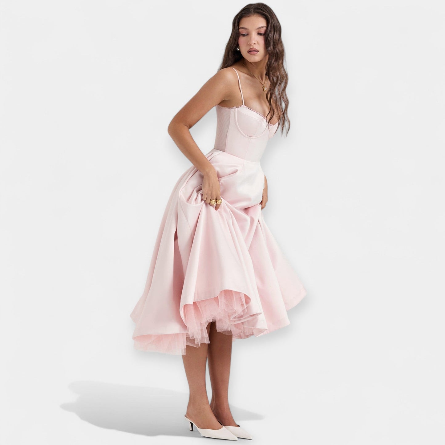 Midi Dress with Tulle Sheer Details