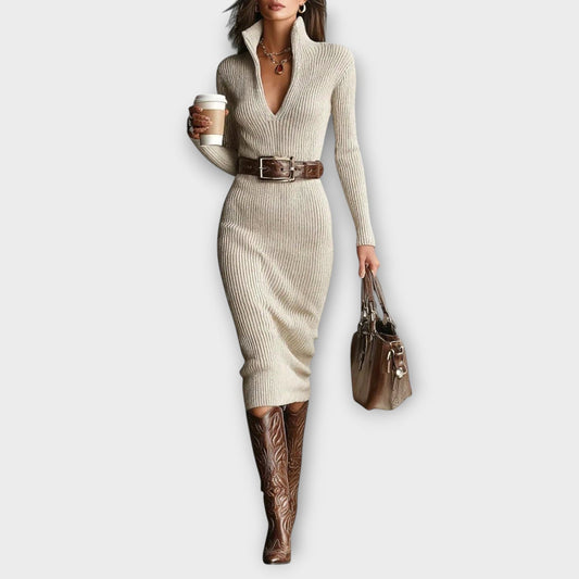 Chic Ribbed Knit Zip-Collar Dress