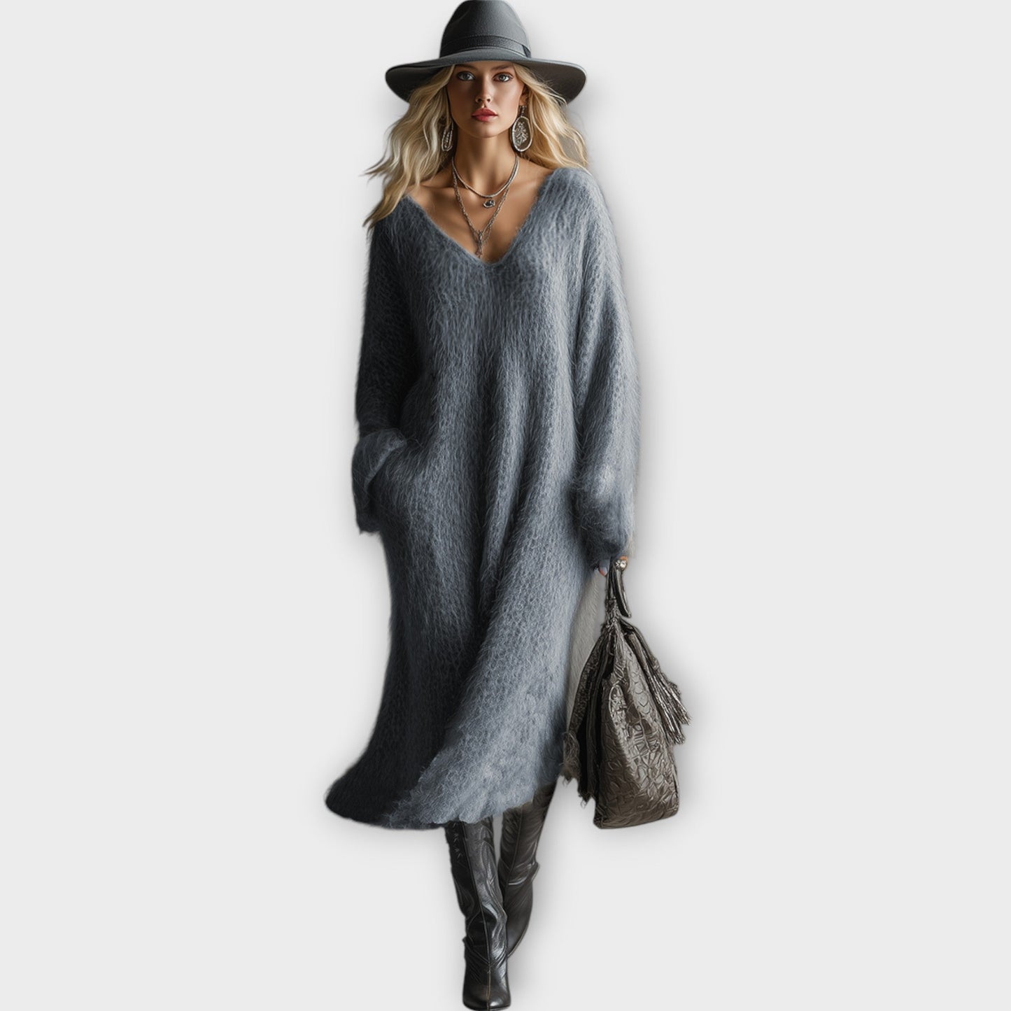 Luxe Fuzzy V-Neck Sweater Dress