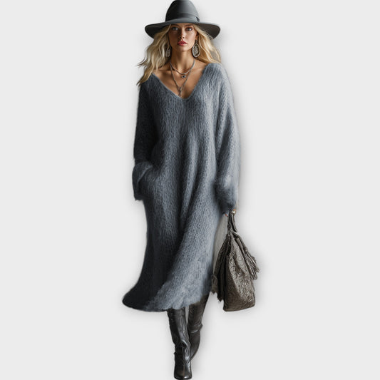 Luxe Fuzzy V-Neck Sweater Dress