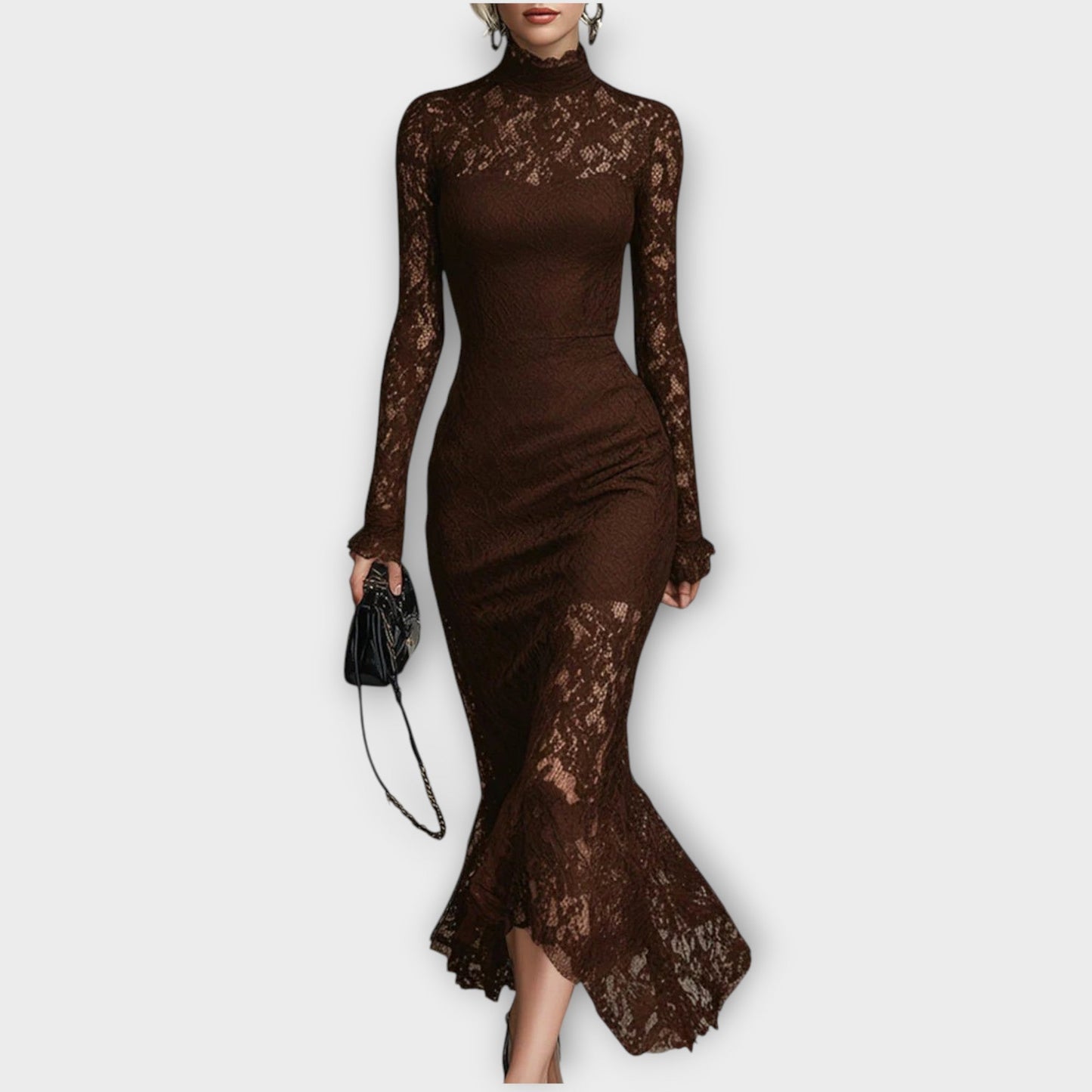 Elegant Lace High-Neck Midi Dress