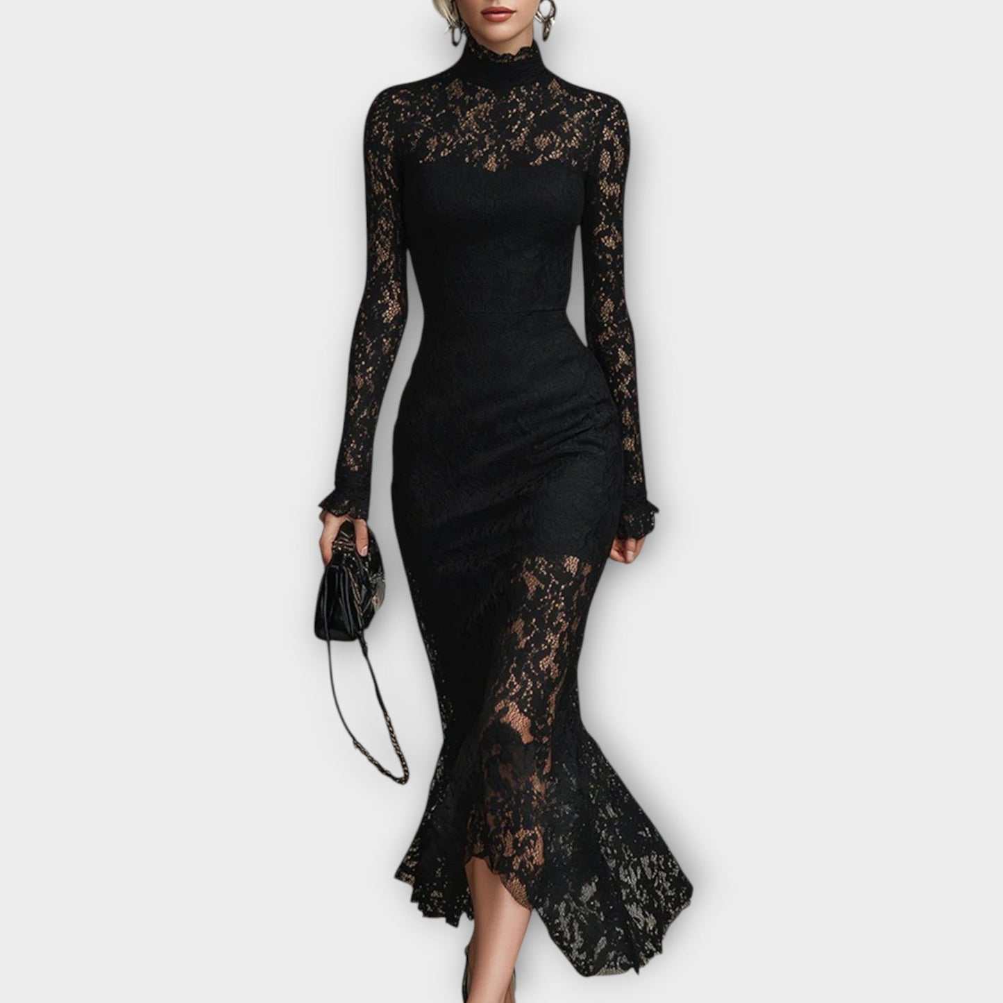 Elegant Lace High-Neck Midi Dress
