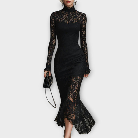 Elegant Lace High-Neck Midi Dress